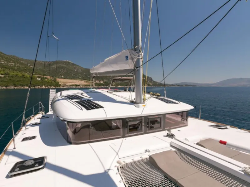 Exterior view of Armonia, a Lagoon 400 S2 catamaran at Palairos, Greece