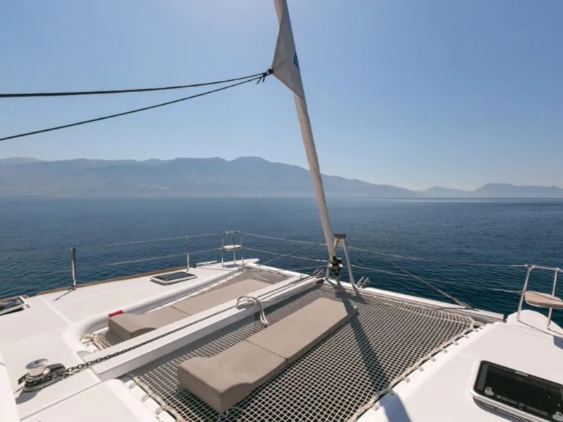 Deck of Armonia, a Lagoon 400 S2 catamaran at Palairos, Greece
