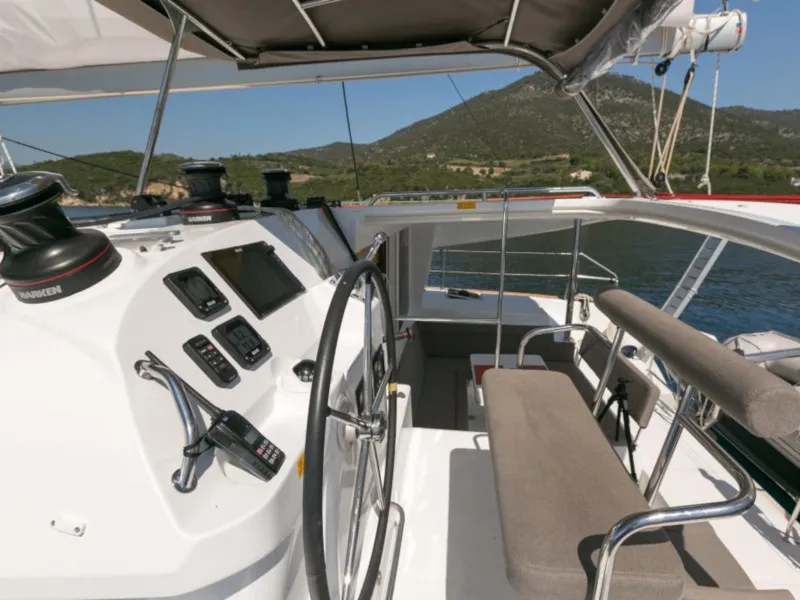 Cockpit of Armonia, a Lagoon 400 S2 catamaran at Palairos, Greece