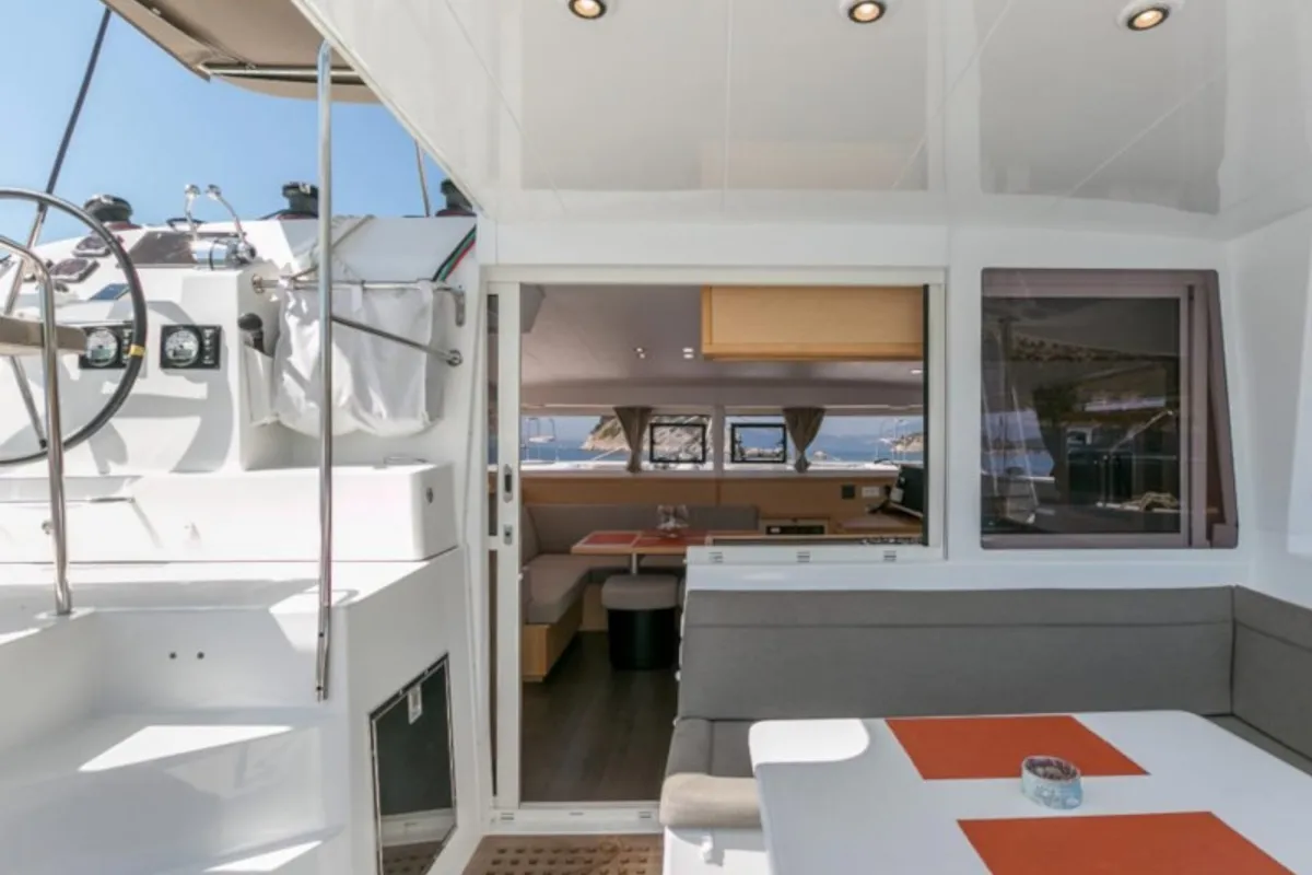 Deck of Armonia, a Lagoon 400 S2 catamaran at Palairos, Greece