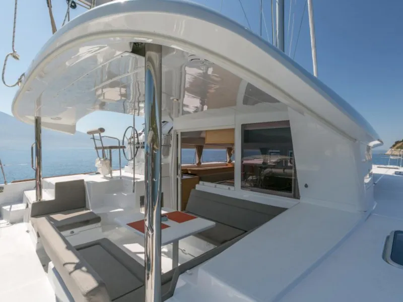 Deck of Armonia, a Lagoon 400 S2 catamaran at Palairos, Greece