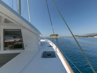 Deck of Armonia, a Lagoon 400 S2 catamaran at Palairos, Greece