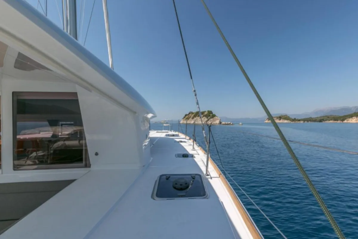 Deck of Armonia, a Lagoon 400 S2 catamaran at Palairos, Greece