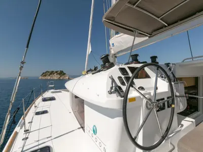 Cockpit of Armonia, a Lagoon 400 S2 catamaran at Palairos, Greece
