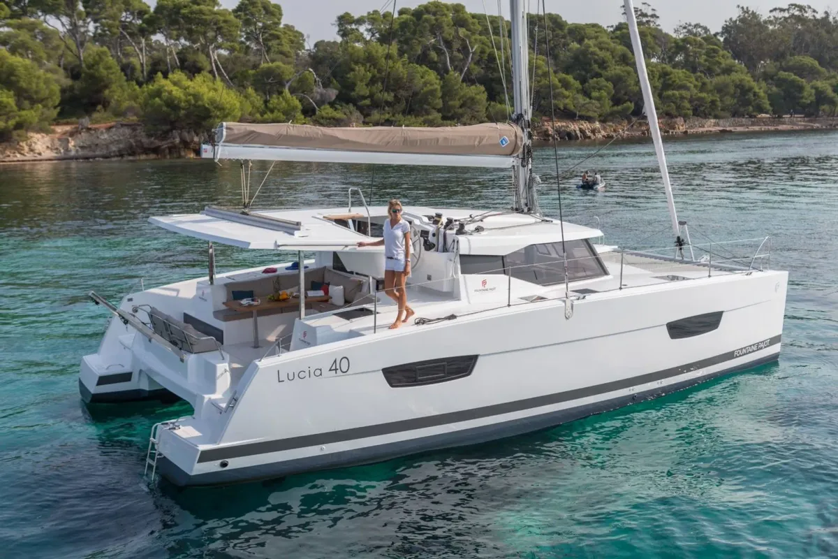 Exterior view of Marlea, a Fountaine Pajot Lucia 40 catamaran at Cogolin, France