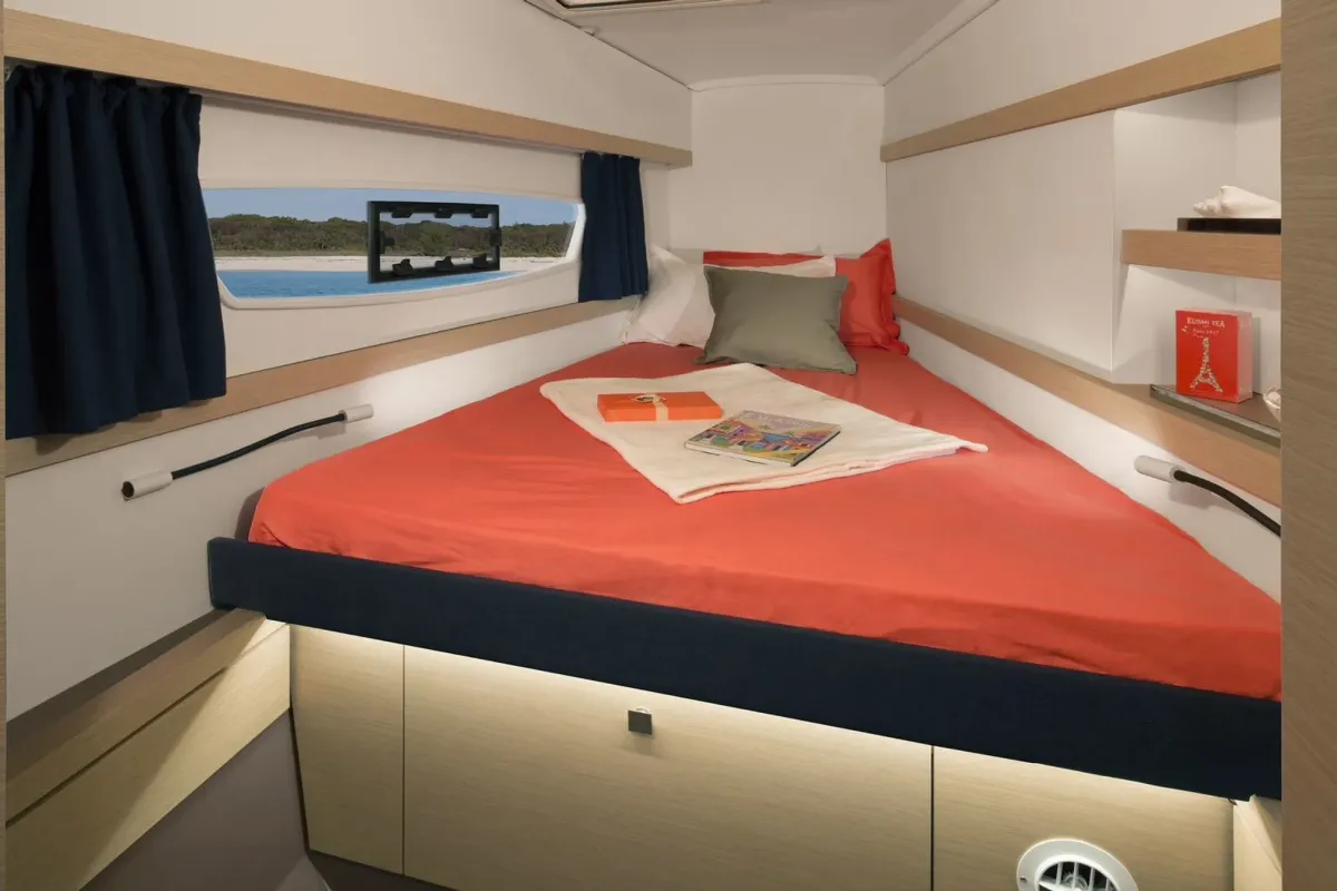 Cabin on Marlea, a Fountaine Pajot Lucia 40 catamaran at Cogolin, France