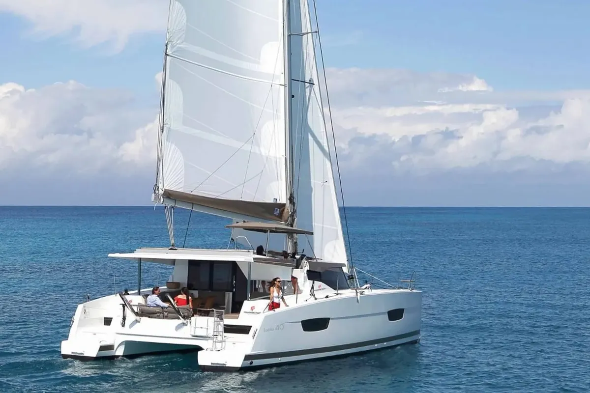 Exterior view of Marlea, a Fountaine Pajot Lucia 40 catamaran at Cogolin, France