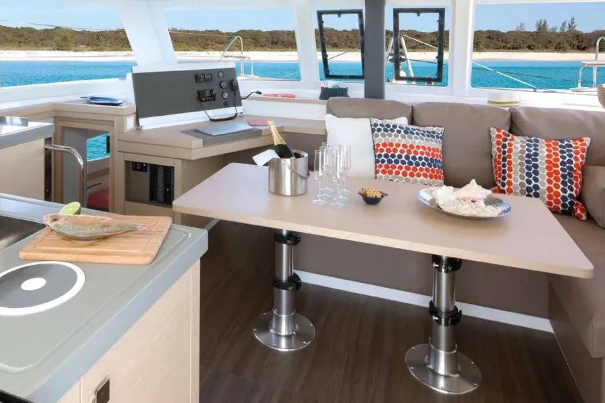 Salon of Marlea, a Fountaine Pajot Lucia 40 catamaran at Cogolin, France