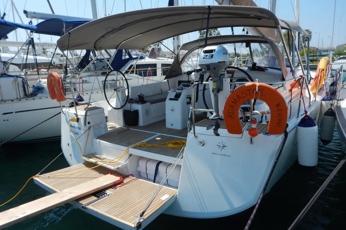 Deck of Adamastos, a Jeanneau Sun Odyssey 490 sailboat at Preveza, Greece