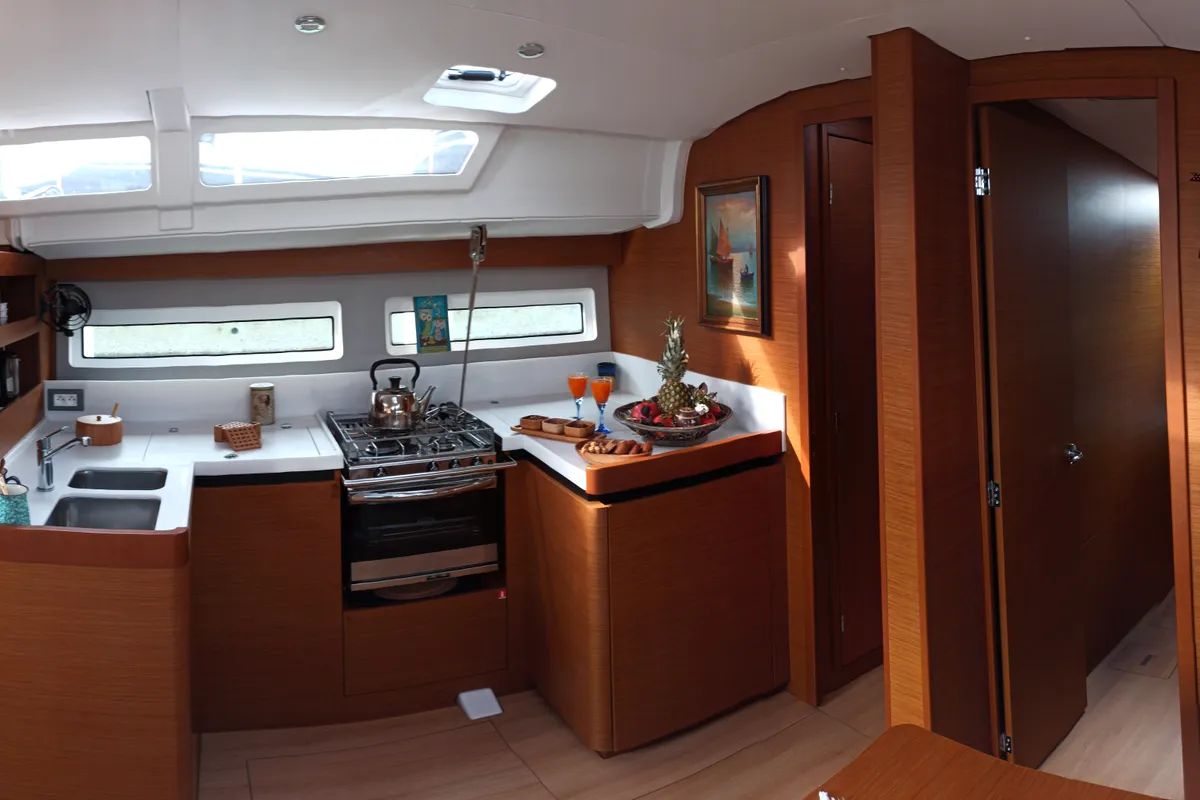 Galley of Adamastos, a Jeanneau Sun Odyssey 490 sailboat at Preveza, Greece