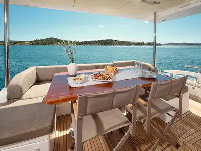 Deck of Alyss, a Azimut 72 motor yacht at Skradin, Croatia