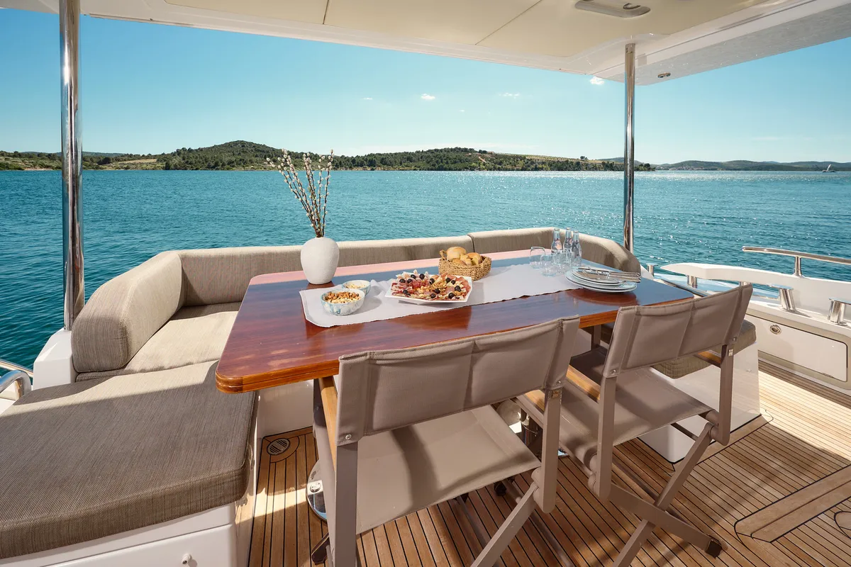 Deck of Alyss, a Azimut 72 motor yacht at Skradin, Croatia