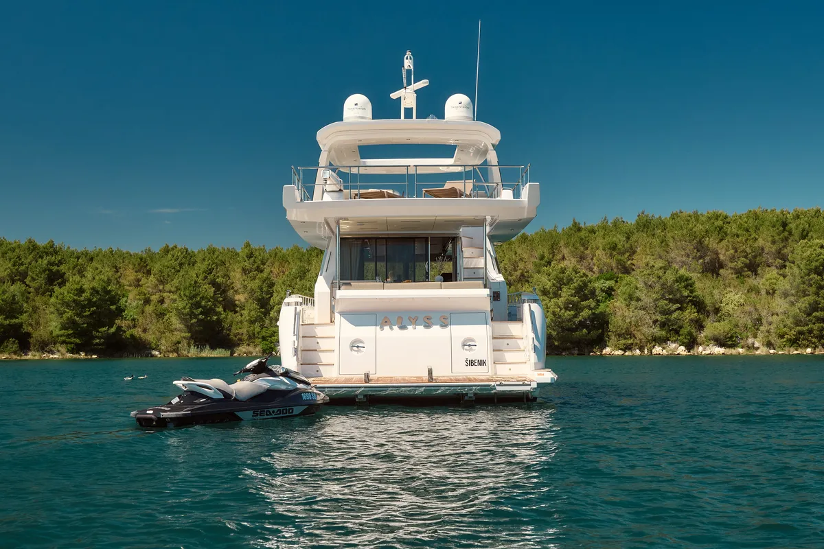 Exterior view of Alyss, a Azimut 72 motor yacht at Skradin, Croatia