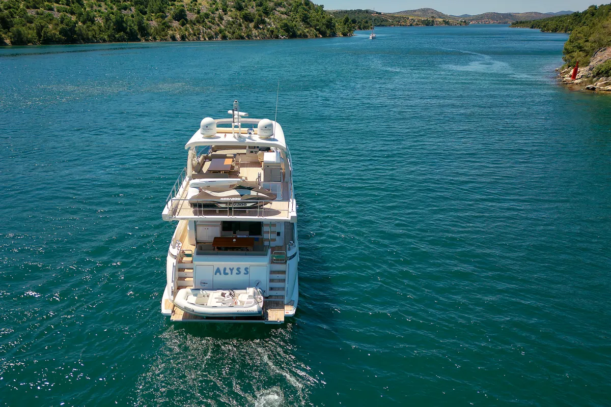 Exterior view of Alyss, a Azimut 72 motor yacht at Skradin, Croatia