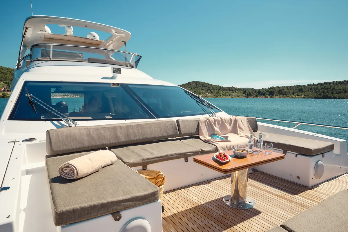 Deck of Alyss, a Azimut 72 motor yacht at Skradin, Croatia