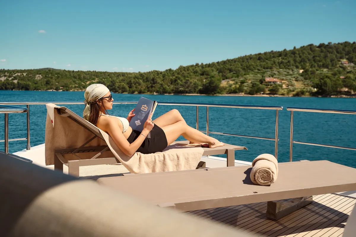Deck of Alyss, a Azimut 72 motor yacht at Skradin, Croatia