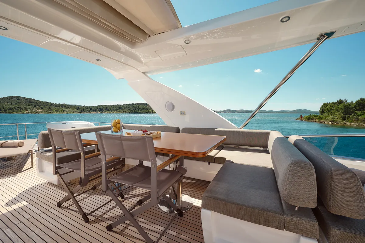 Deck of Alyss, a Azimut 72 motor yacht at Skradin, Croatia