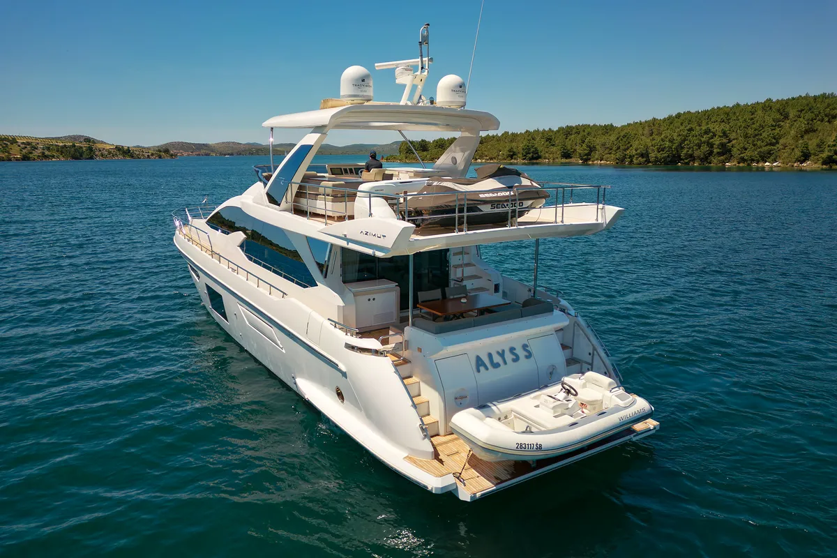Exterior view of Alyss, a Azimut 72 motor yacht at Skradin, Croatia