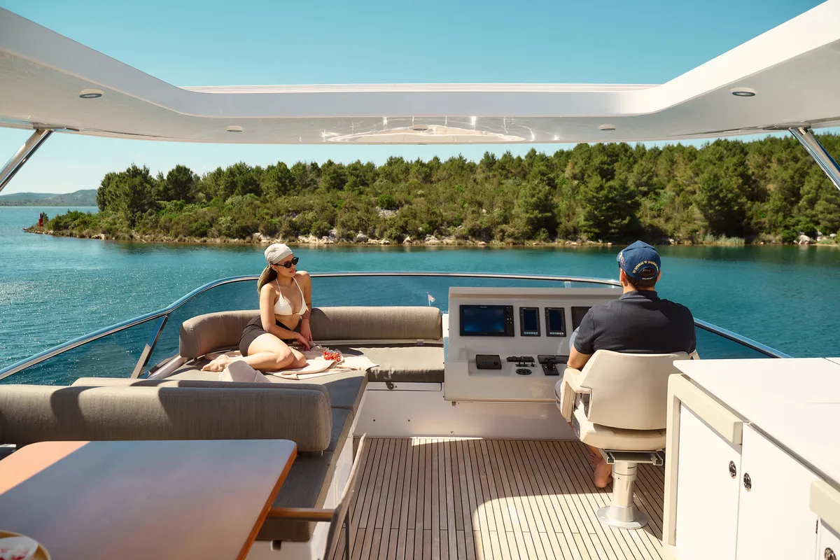Deck of Alyss, a Azimut 72 motor yacht at Skradin, Croatia