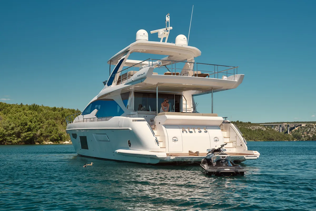 Exterior view of Alyss, a Azimut 72 motor yacht at Skradin, Croatia