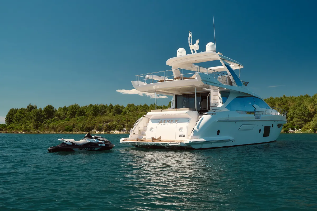 Exterior view of Alyss, a Azimut 72 motor yacht at Skradin, Croatia