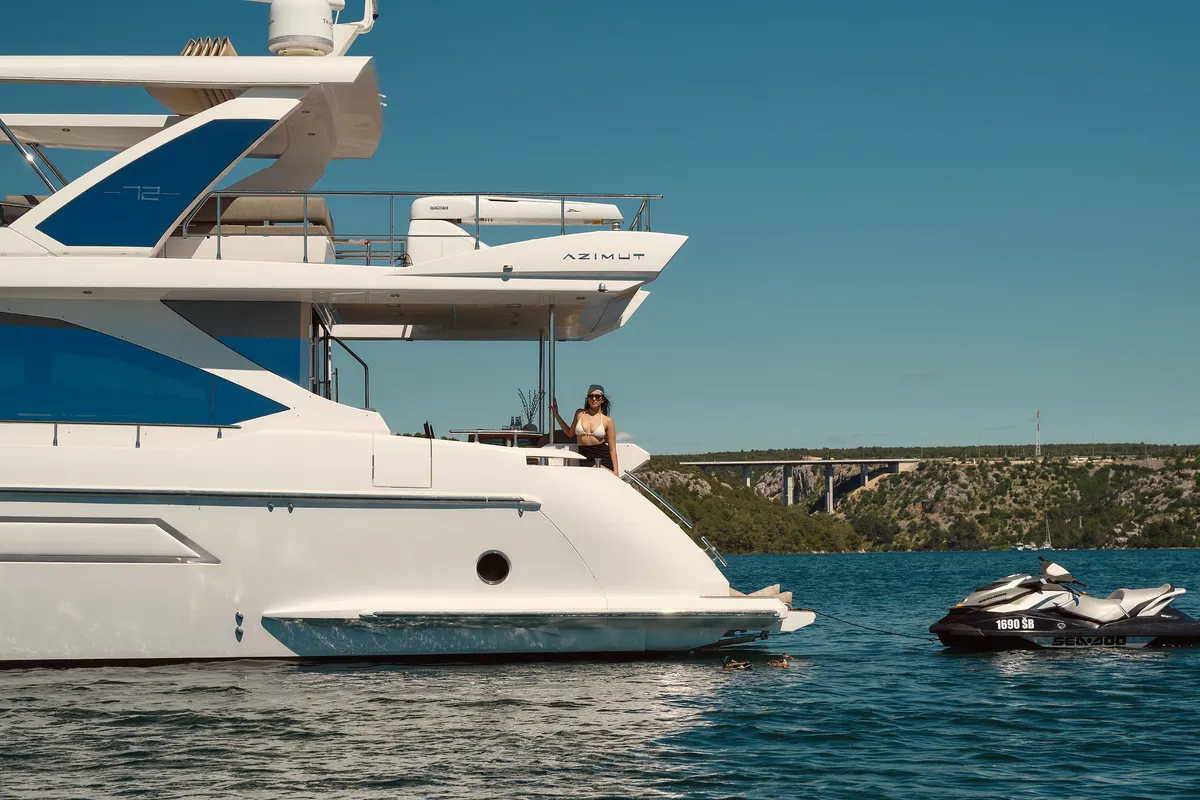 Exterior view of Alyss, a Azimut 72 motor yacht at Skradin, Croatia