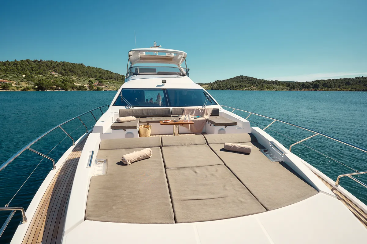 Deck of Alyss, a Azimut 72 motor yacht at Skradin, Croatia