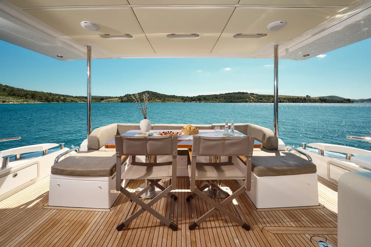 Deck of Alyss, a Azimut 72 motor yacht at Skradin, Croatia