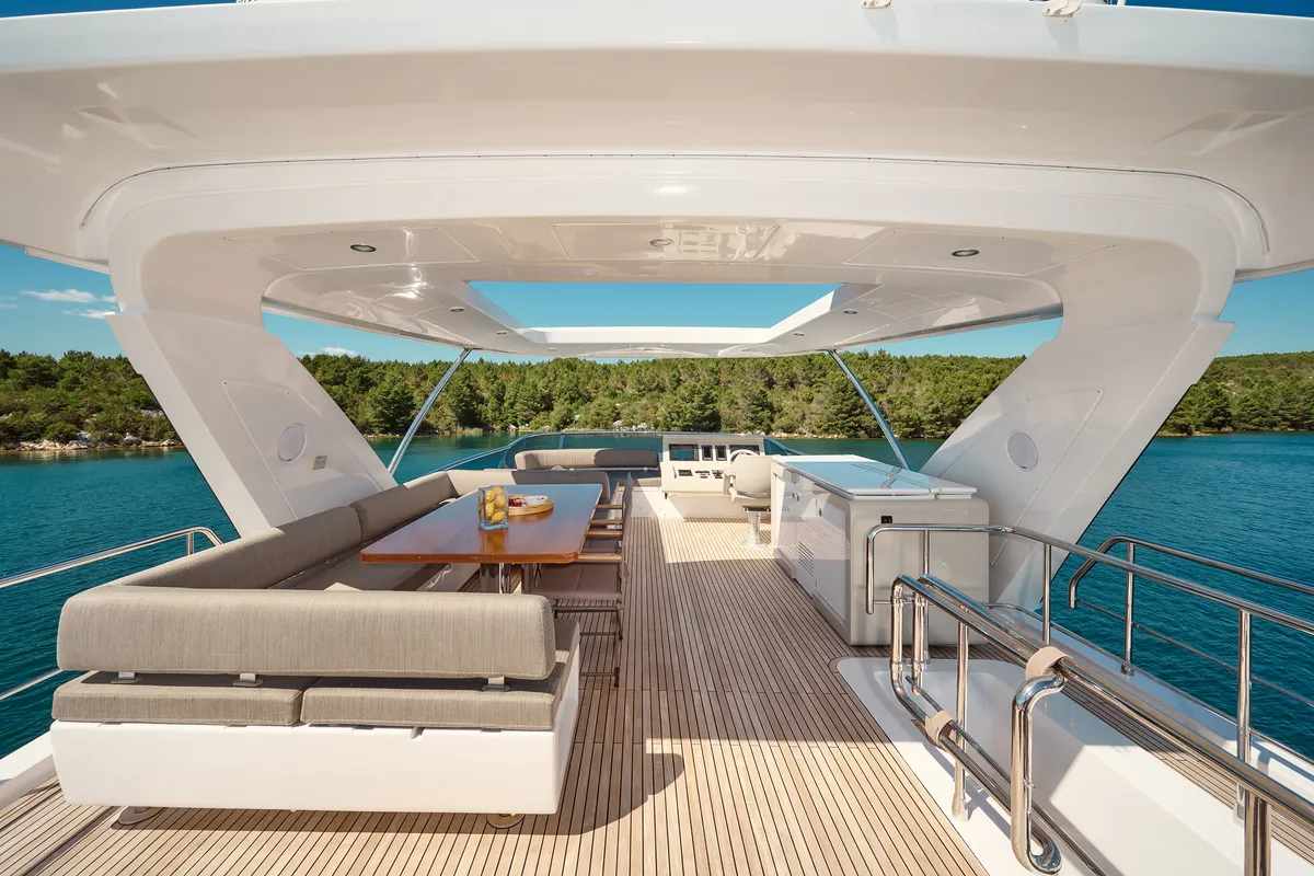 Deck of Alyss, a Azimut 72 motor yacht at Skradin, Croatia