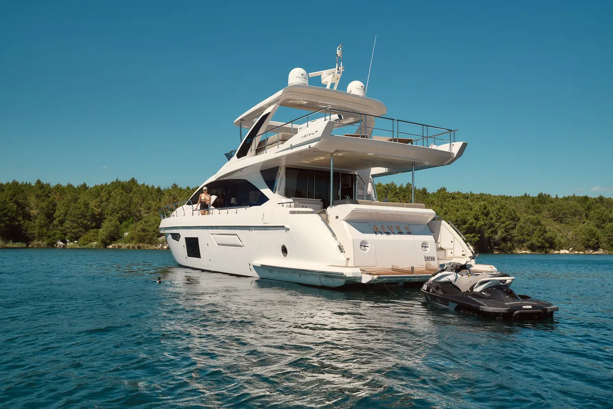 Exterior view of Alyss, a Azimut 72 motor yacht at Skradin, Croatia