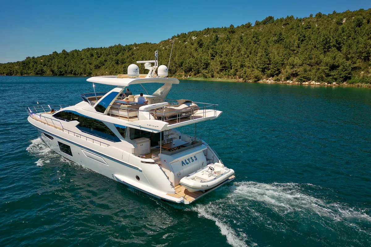 Exterior view of Alyss, a Azimut 72 motor yacht at Skradin, Croatia