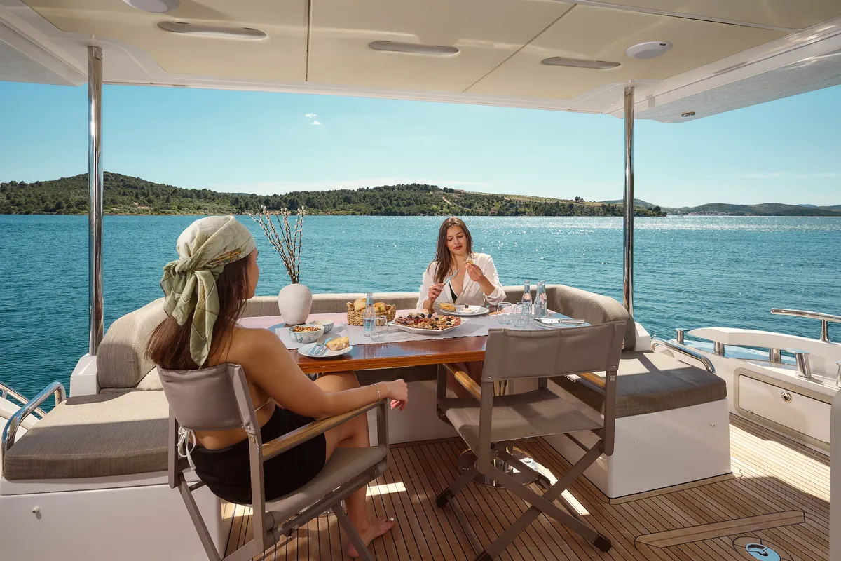 Deck of Alyss, a Azimut 72 motor yacht at Skradin, Croatia