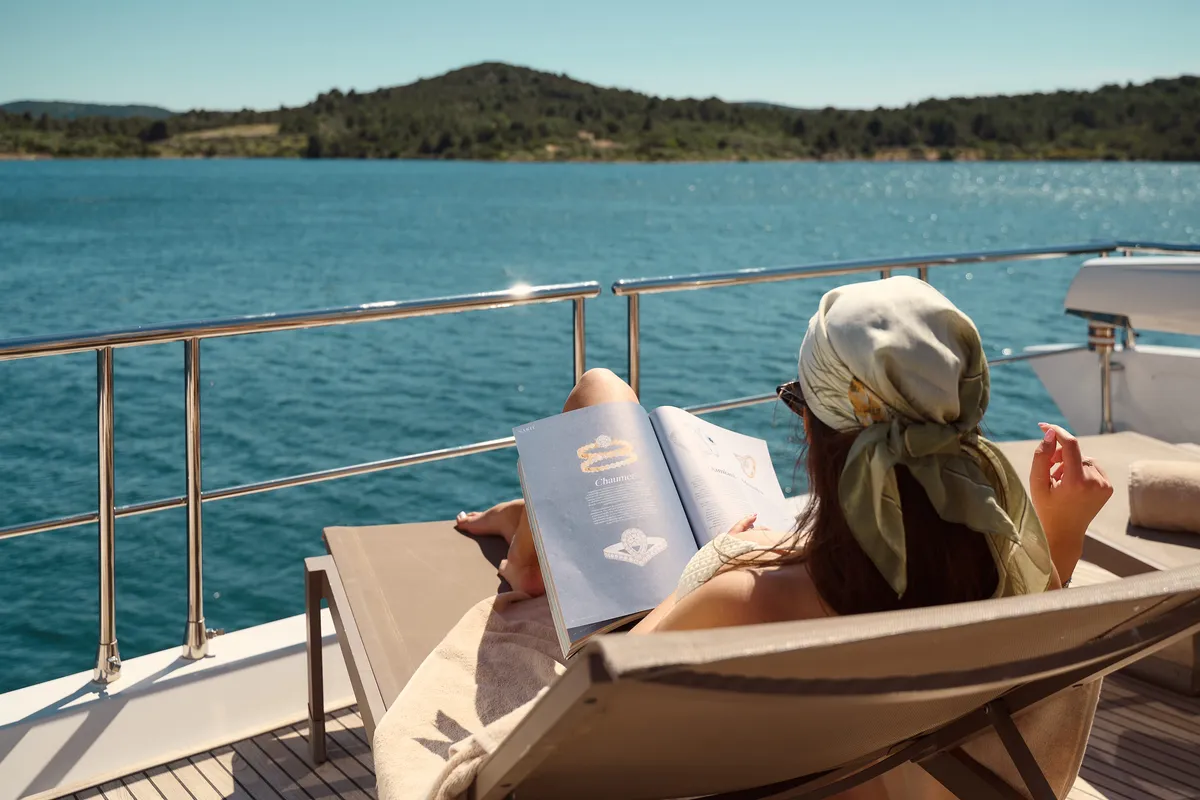 Deck of Alyss, a Azimut 72 motor yacht at Skradin, Croatia