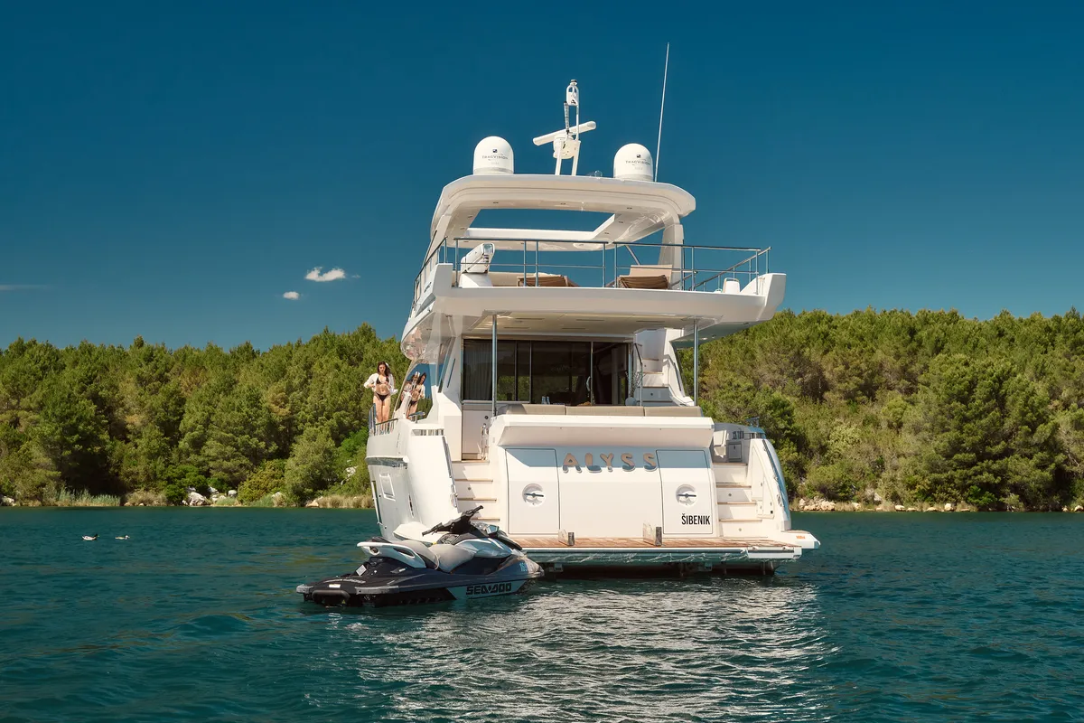 Exterior view of Alyss, a Azimut 72 motor yacht at Skradin, Croatia
