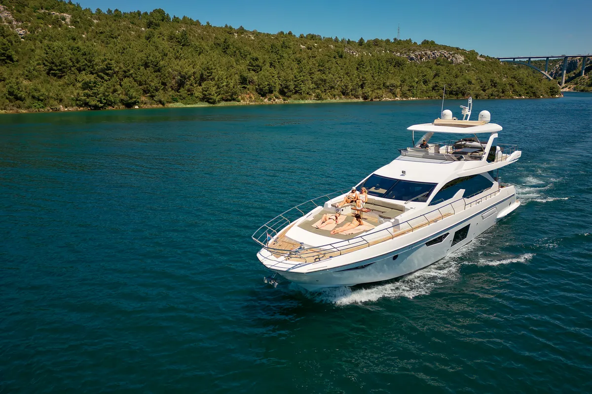 Exterior view of Alyss, a Azimut 72 motor yacht at Skradin, Croatia