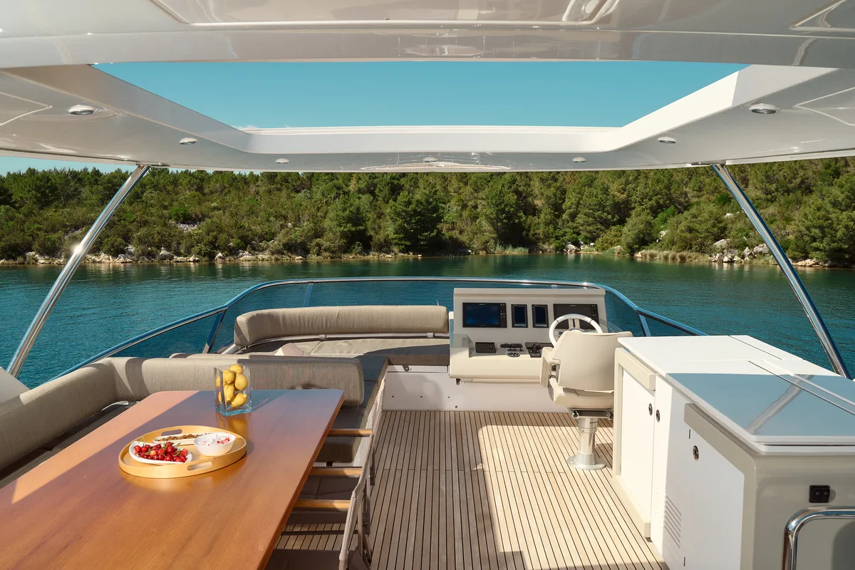 Deck of Alyss, a Azimut 72 motor yacht at Skradin, Croatia