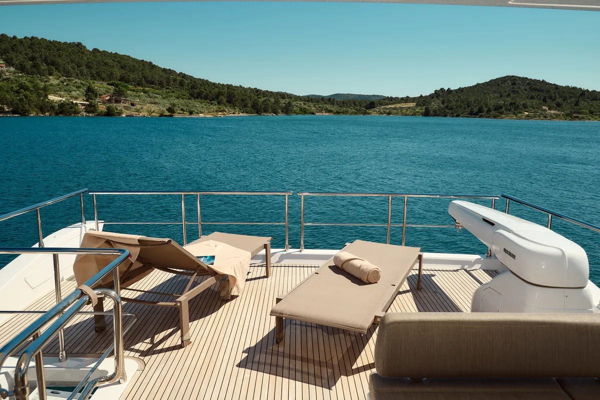 Deck of Alyss, a Azimut 72 motor yacht at Skradin, Croatia