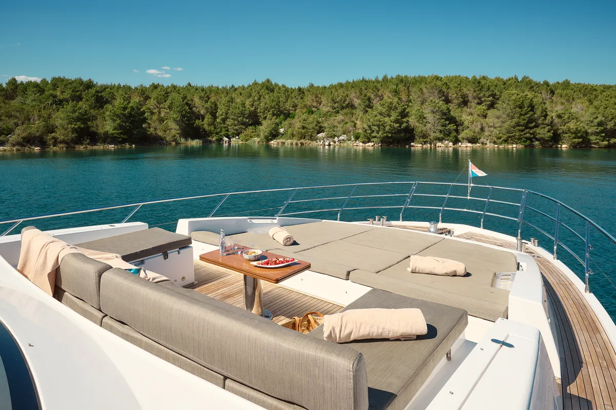 Deck of Alyss, a Azimut 72 motor yacht at Skradin, Croatia