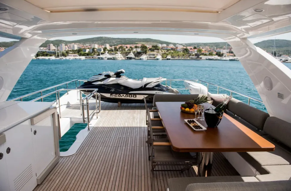 Deck of Alyss, a Azimut 72 motor yacht at Skradin, Croatia
