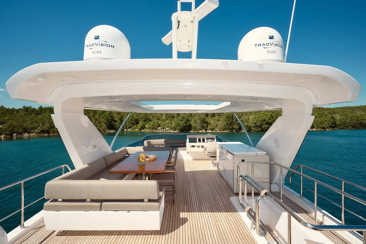 Deck of Alyss, a Azimut 72 motor yacht at Skradin, Croatia