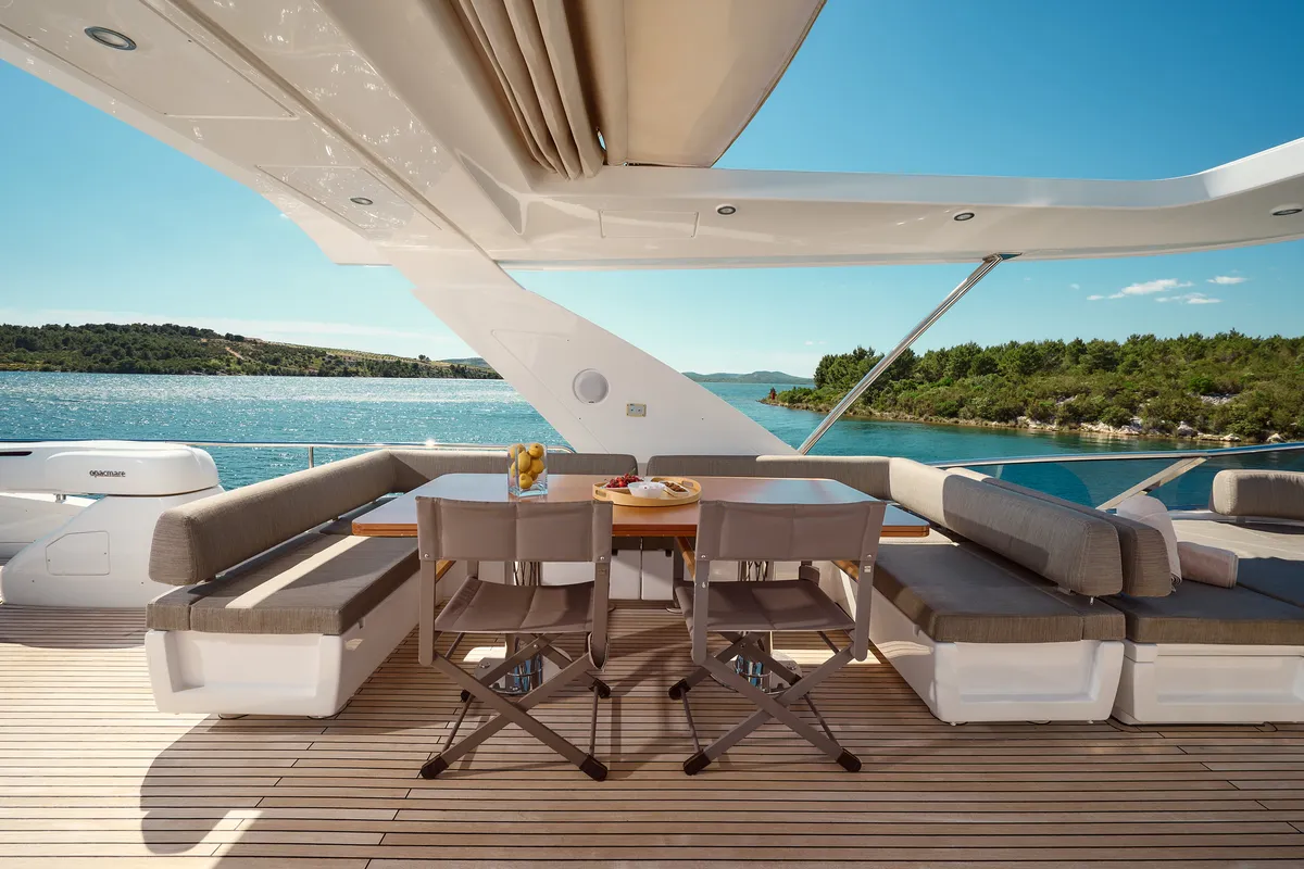 Deck of Alyss, a Azimut 72 motor yacht at Skradin, Croatia