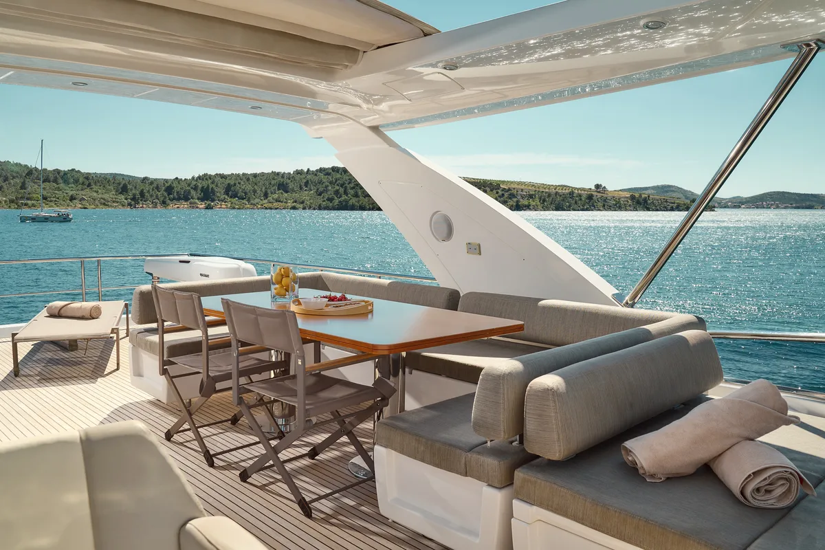 Deck of Alyss, a Azimut 72 motor yacht at Skradin, Croatia