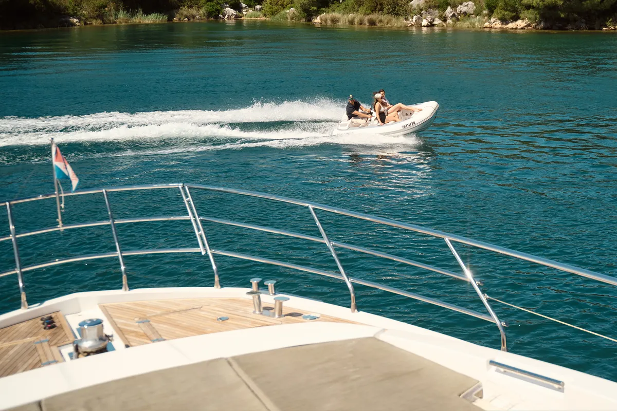 Deck of Alyss, a Azimut 72 motor yacht at Skradin, Croatia