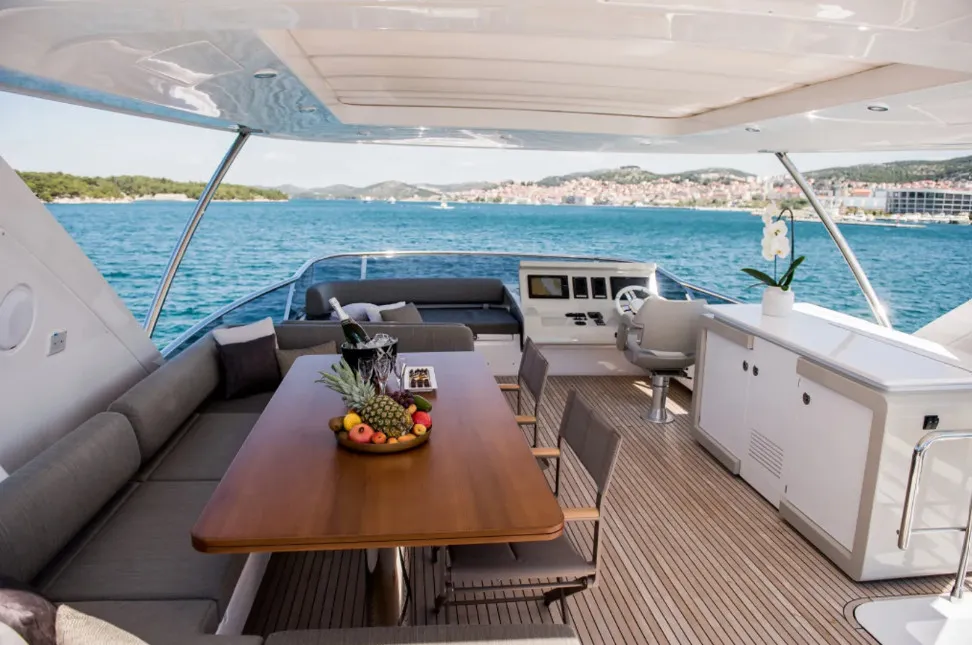 Deck of Alyss, a Azimut 72 motor yacht at Skradin, Croatia