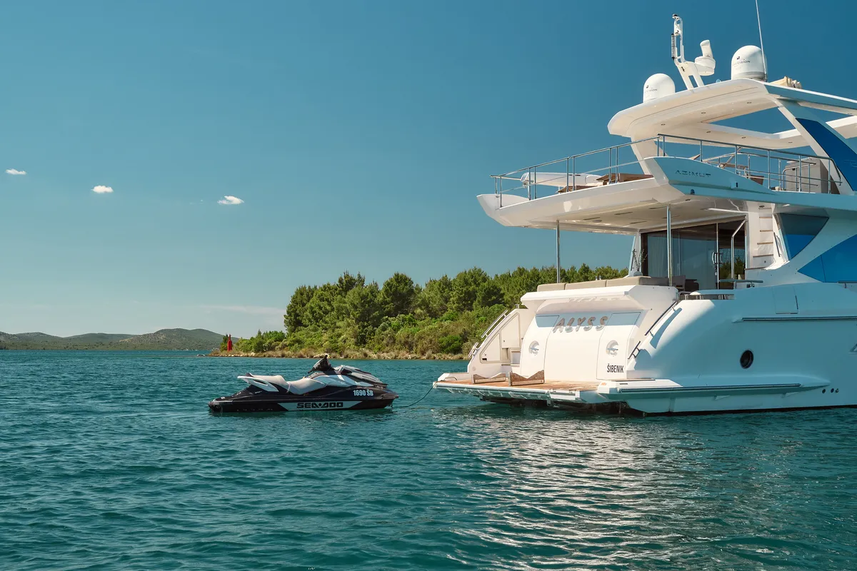 Exterior view of Alyss, a Azimut 72 motor yacht at Skradin, Croatia
