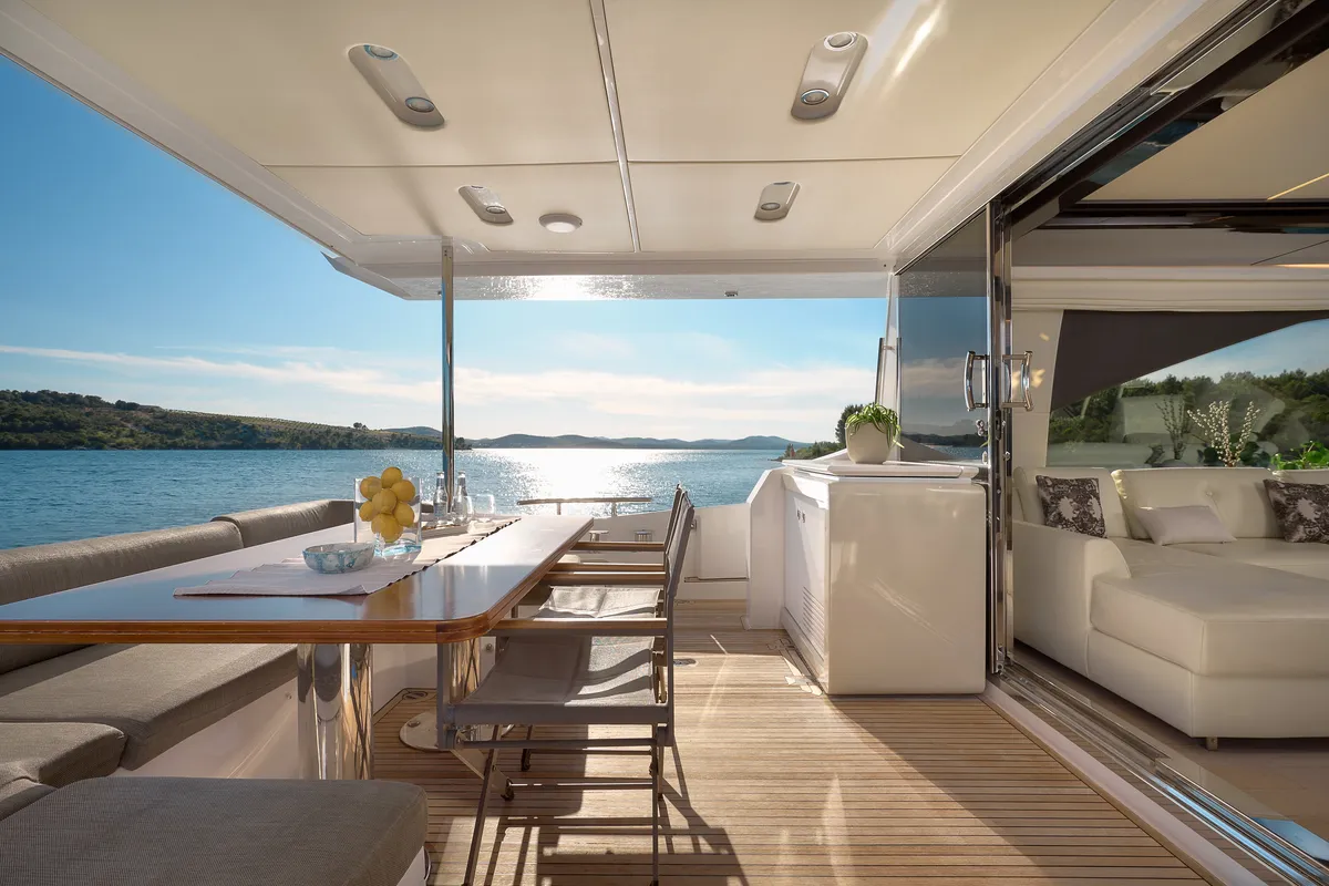 Deck of Alyss, a Azimut 72 motor yacht at Skradin, Croatia