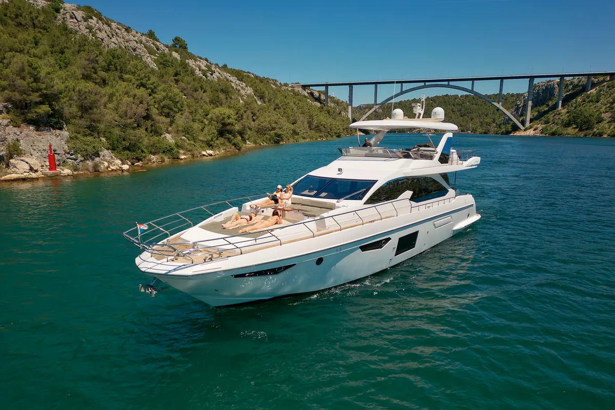 Exterior view of Alyss, a Azimut 72 motor yacht at Skradin, Croatia