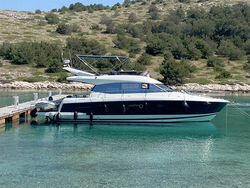 Exterior view of Serendipity I, a Prestige 500 motorboat at Grad Šibenik, Croatia