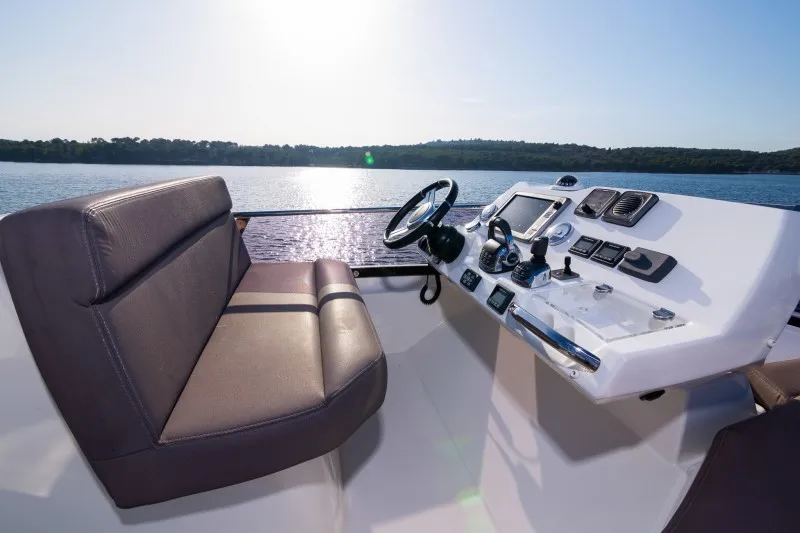 Cockpit of Serendipity I, a Prestige 500 motorboat at Grad Šibenik, Croatia