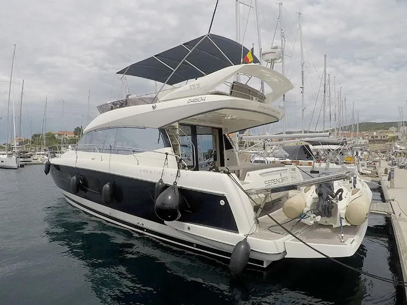 Exterior view of Serendipity I, a Prestige 500 motorboat at Grad Šibenik, Croatia